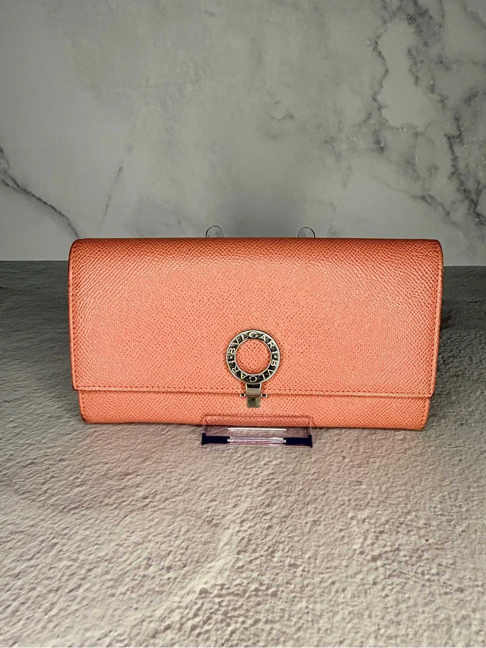 Bvlgari Coral Peach Leather Continental Wallet Signature Ring Clasp Full Set